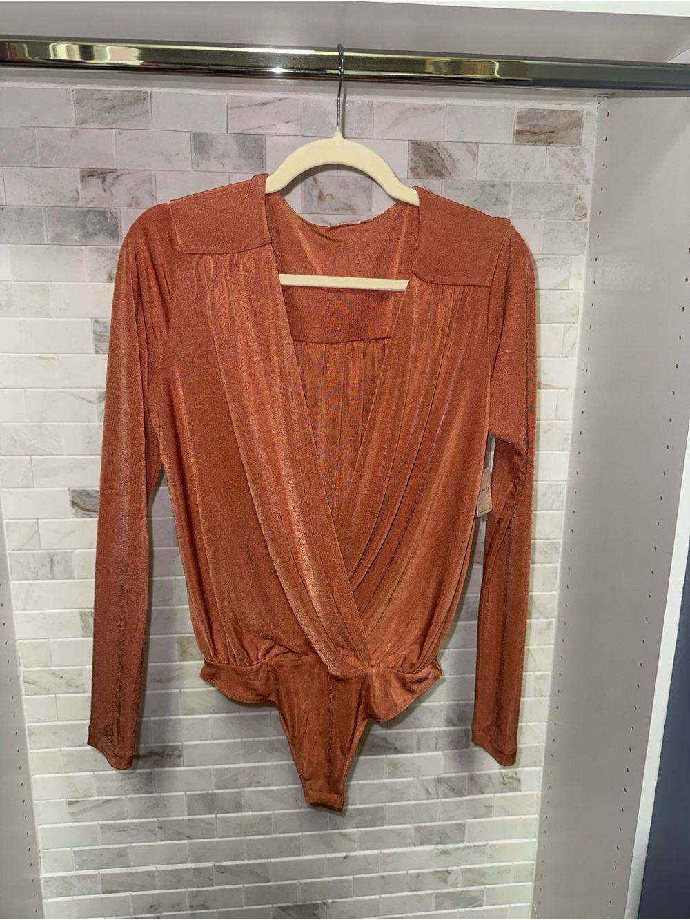 Free People Rust Long-Sleeve Wrap Bodysuit Top